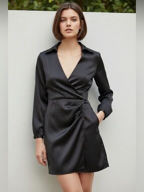 ZARA Black Satin Long Sleeve Wrap Collared Mini Dress S Party Gold Embroidered